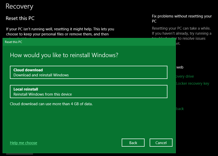 Windows 10 Cloud Reinstall Option