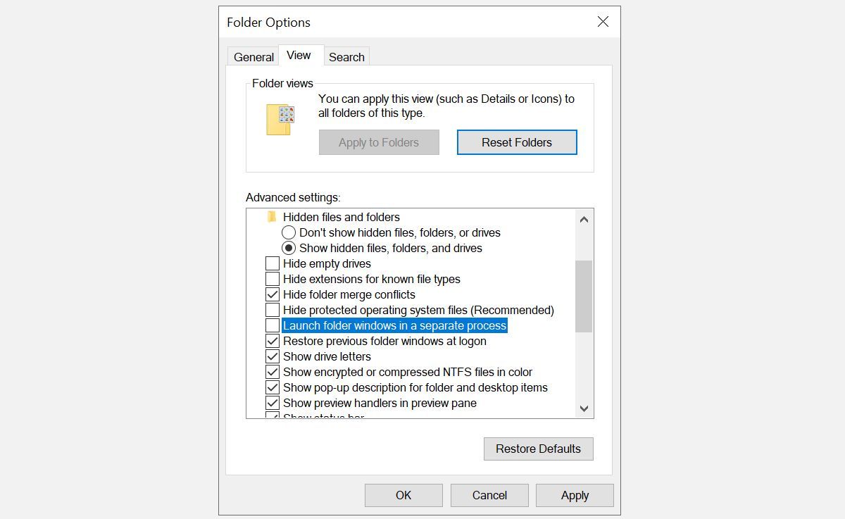 This screenshot shows the Windows Folder Options menu