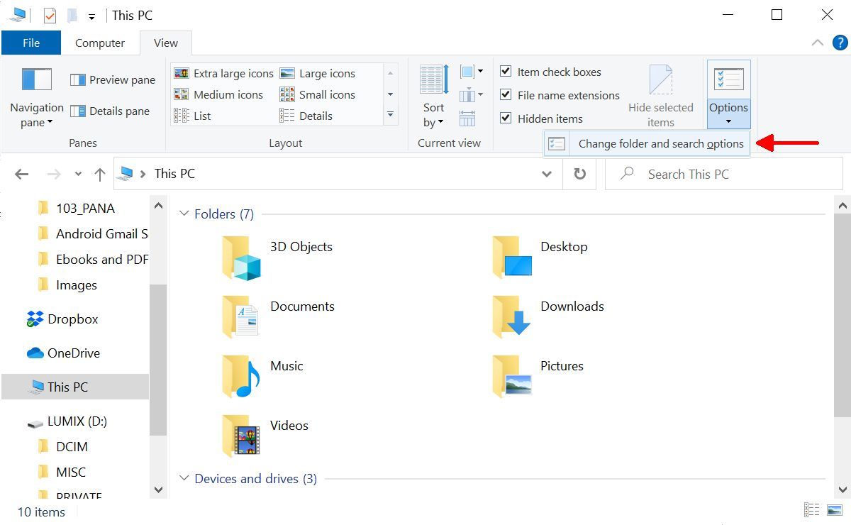 Change folder and search options in Windows File Explorer.