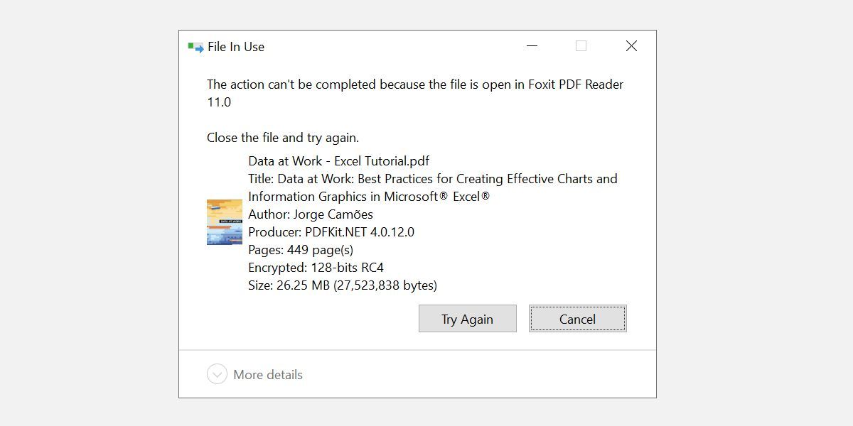 Windows 10 File in Use message when trying to delete open PDF.