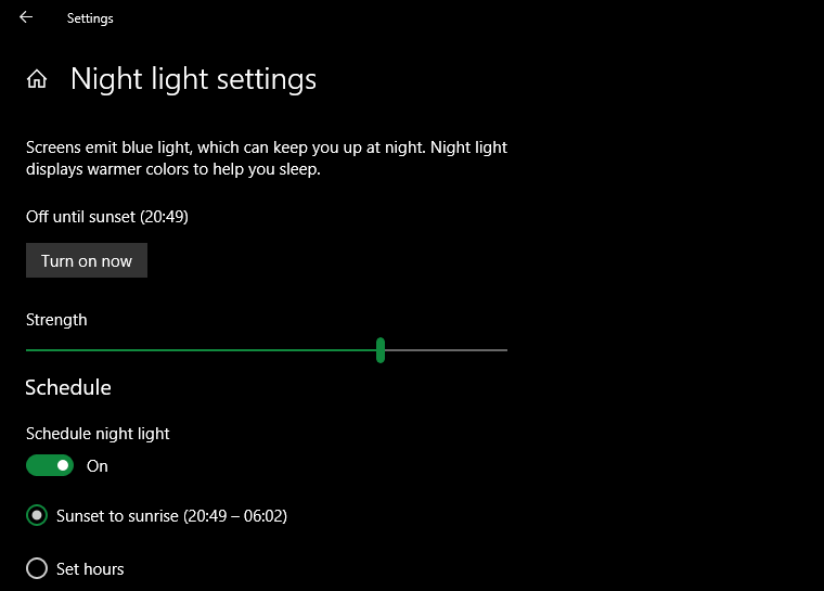 Opțiuni de lumină de noapte Windows 10
