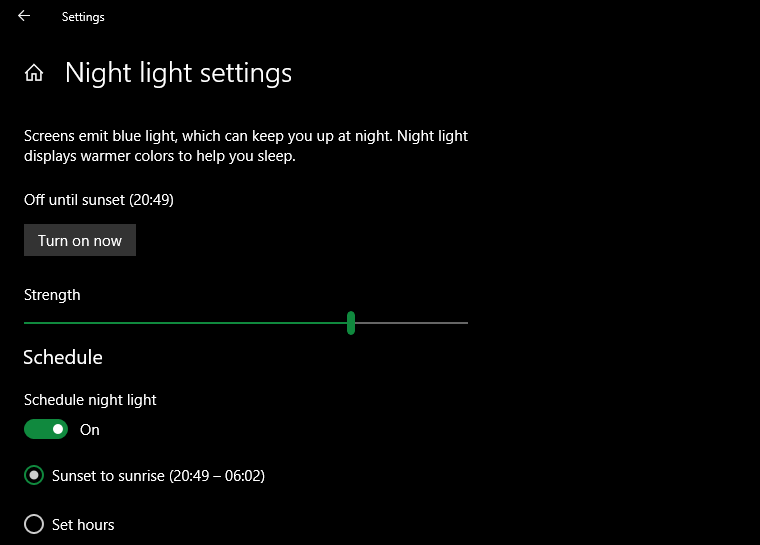 Windows 10 Night Light Options