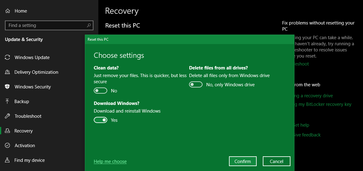 Windows 10 Reset PC Options
