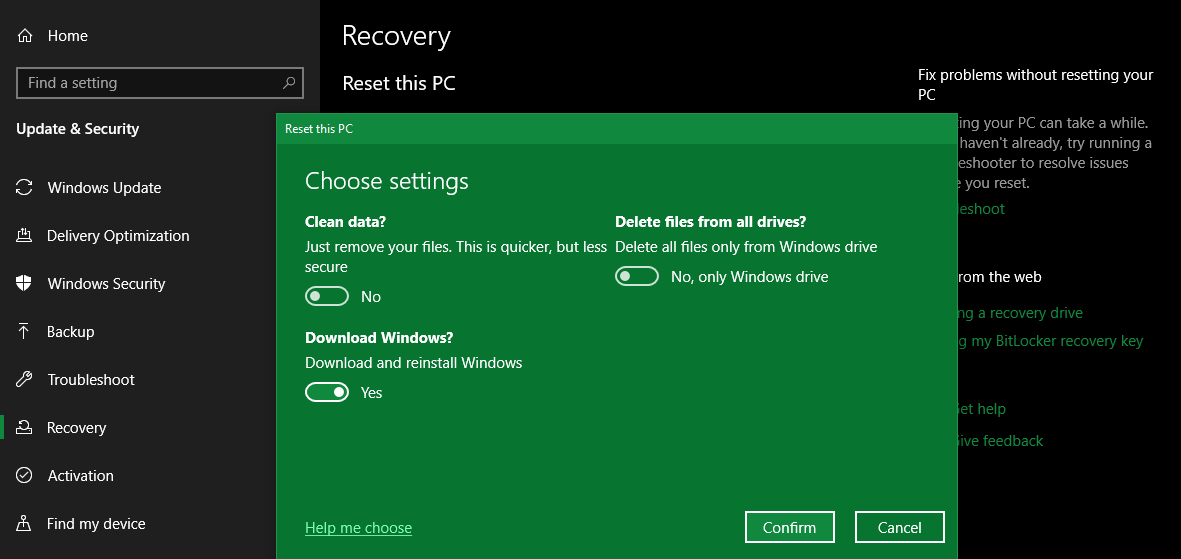 windows factory reset