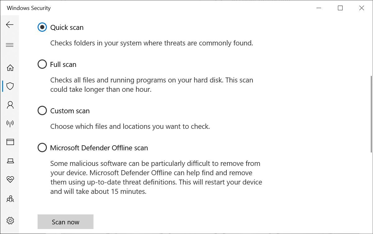 Windows Security scan options including a Microsoft Defender Offline scan.