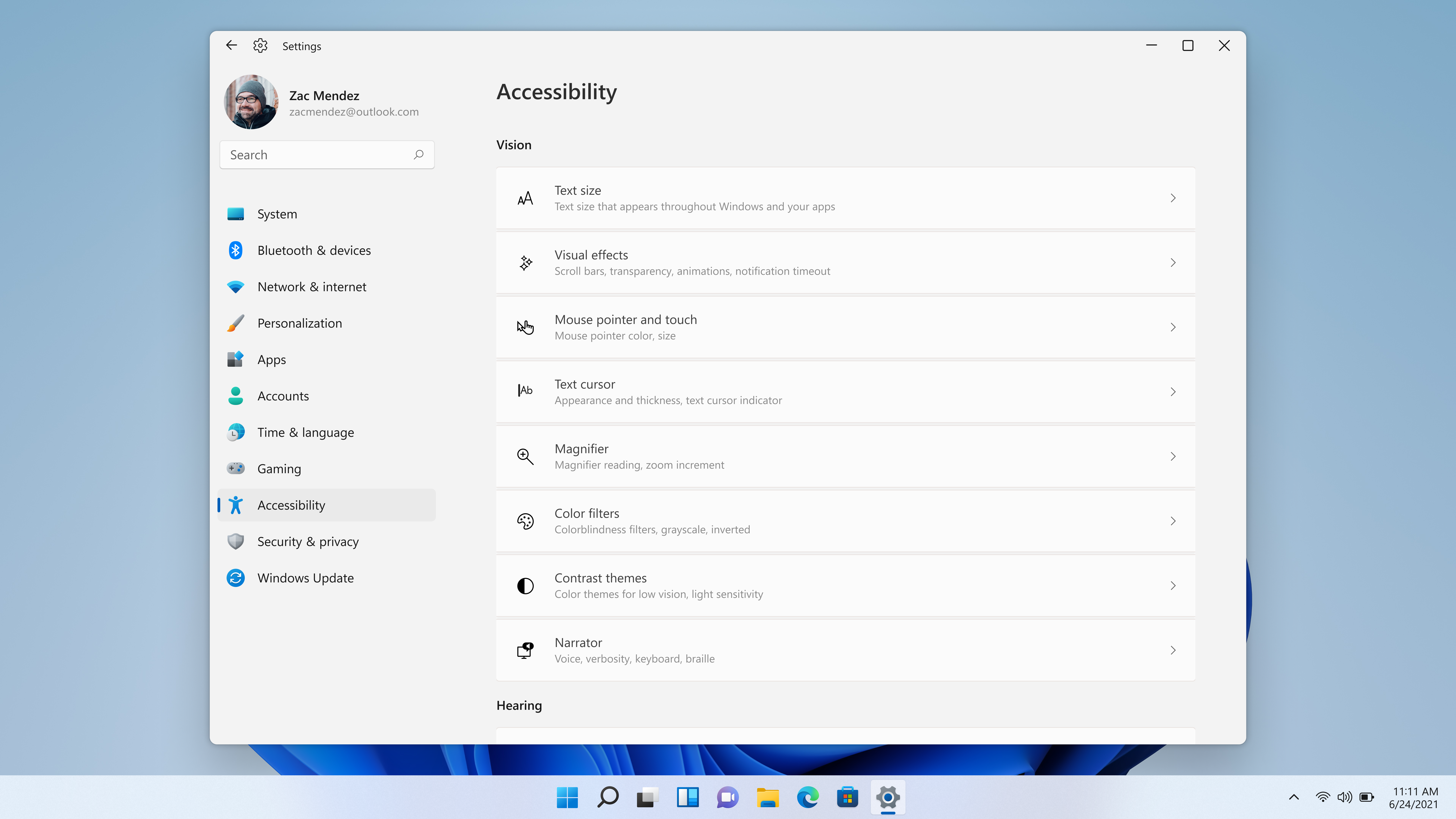 A screenshot of the new accessibility settings menu in Windows 11.