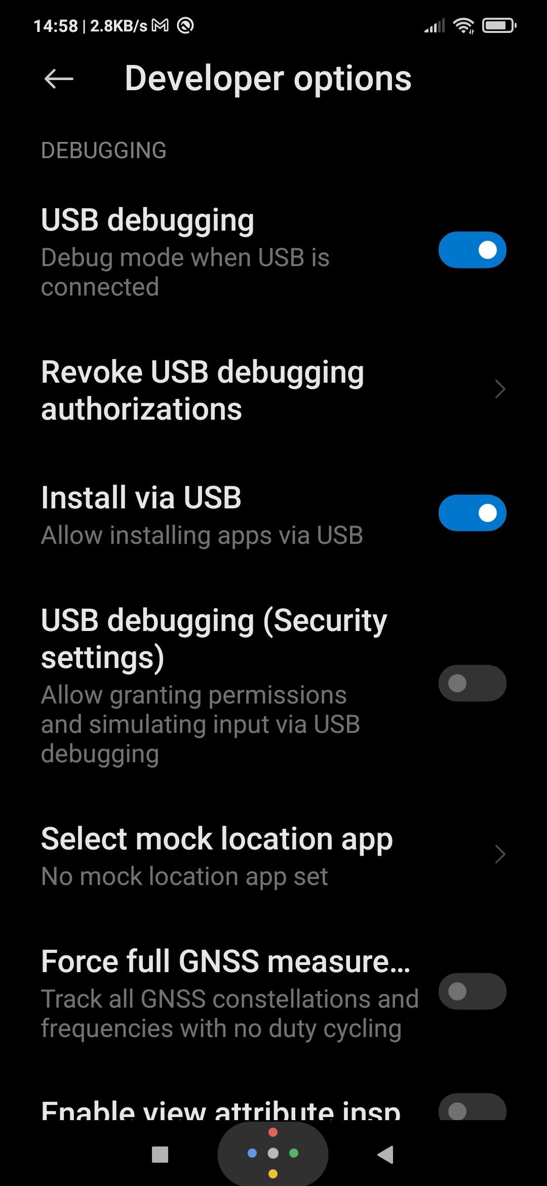 Android's USB debugging setting in Developer options page.