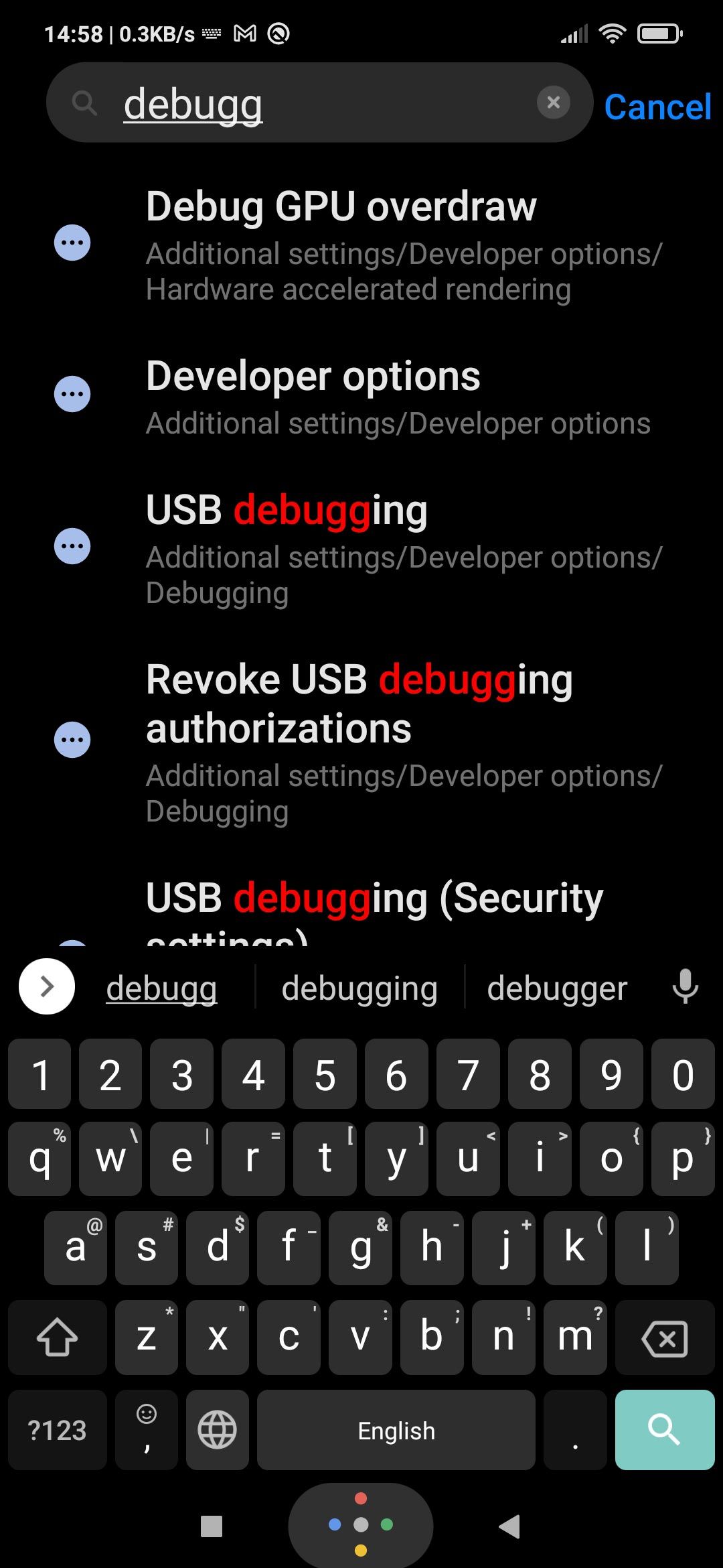 Search in Android Settings for term 