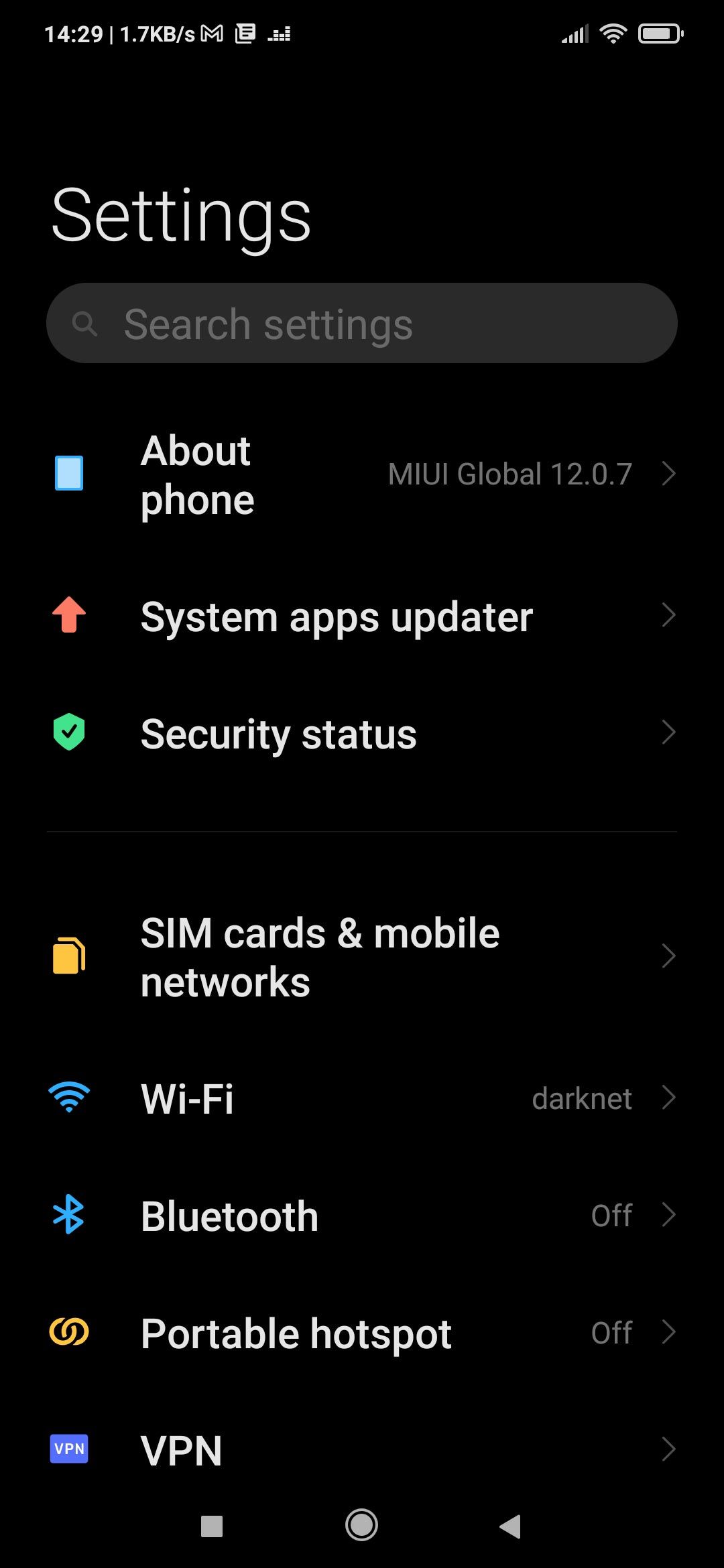 Android (with MIUI) Settings screen