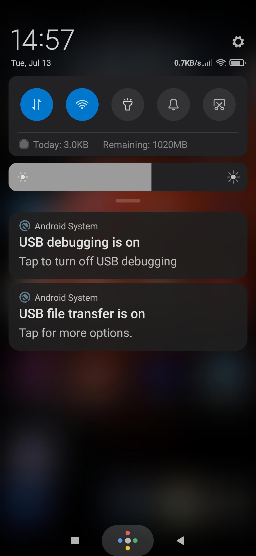 Android System notification showing USB debugging is on