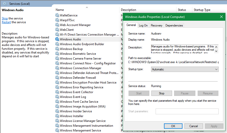windows 10 audio service keeps stopping
