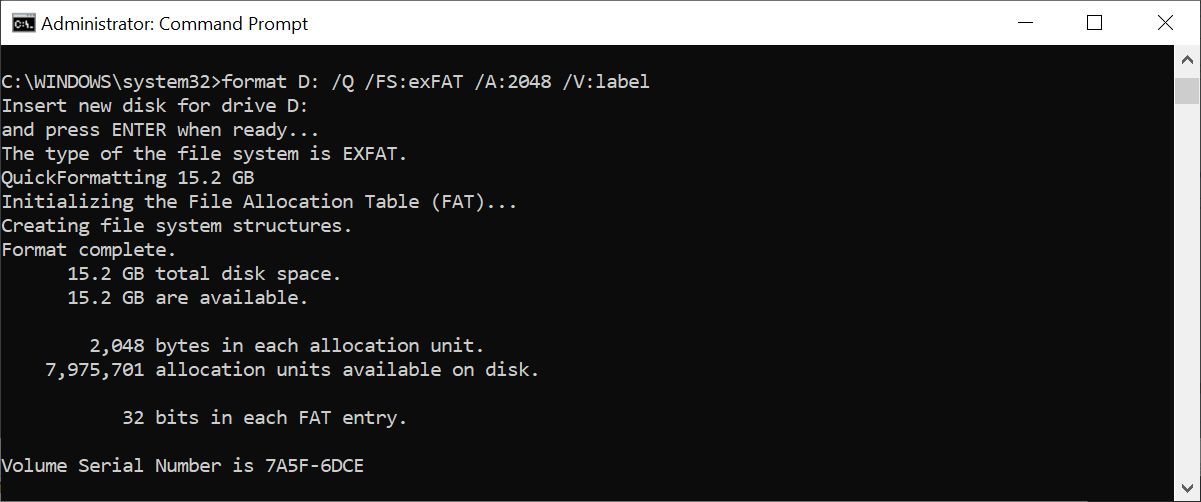 Windows Command Prompt showing the format command with various parameters.