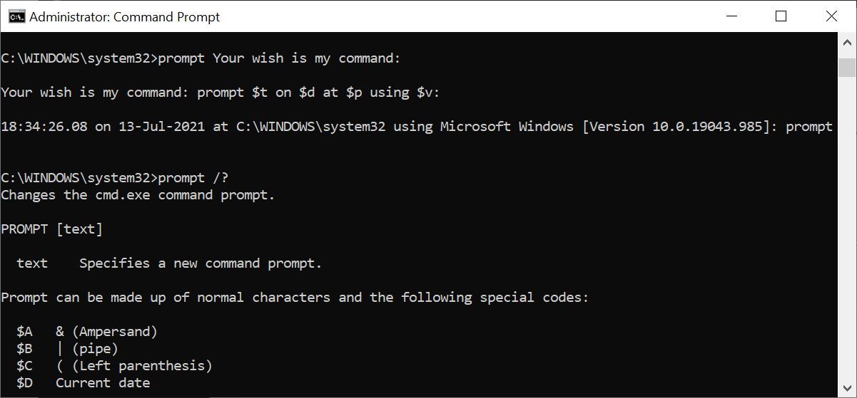 The prompt command in action in the Windows command prompt.