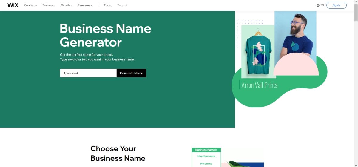 Generate a name for your business with Wix