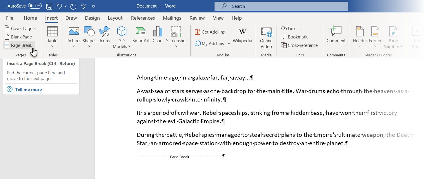 Microsoft Word with the Page Break button