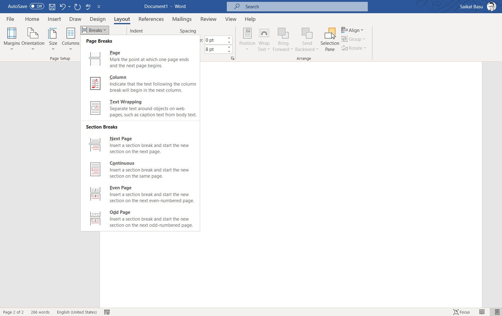Layout Menu in Word with all the Page Break options