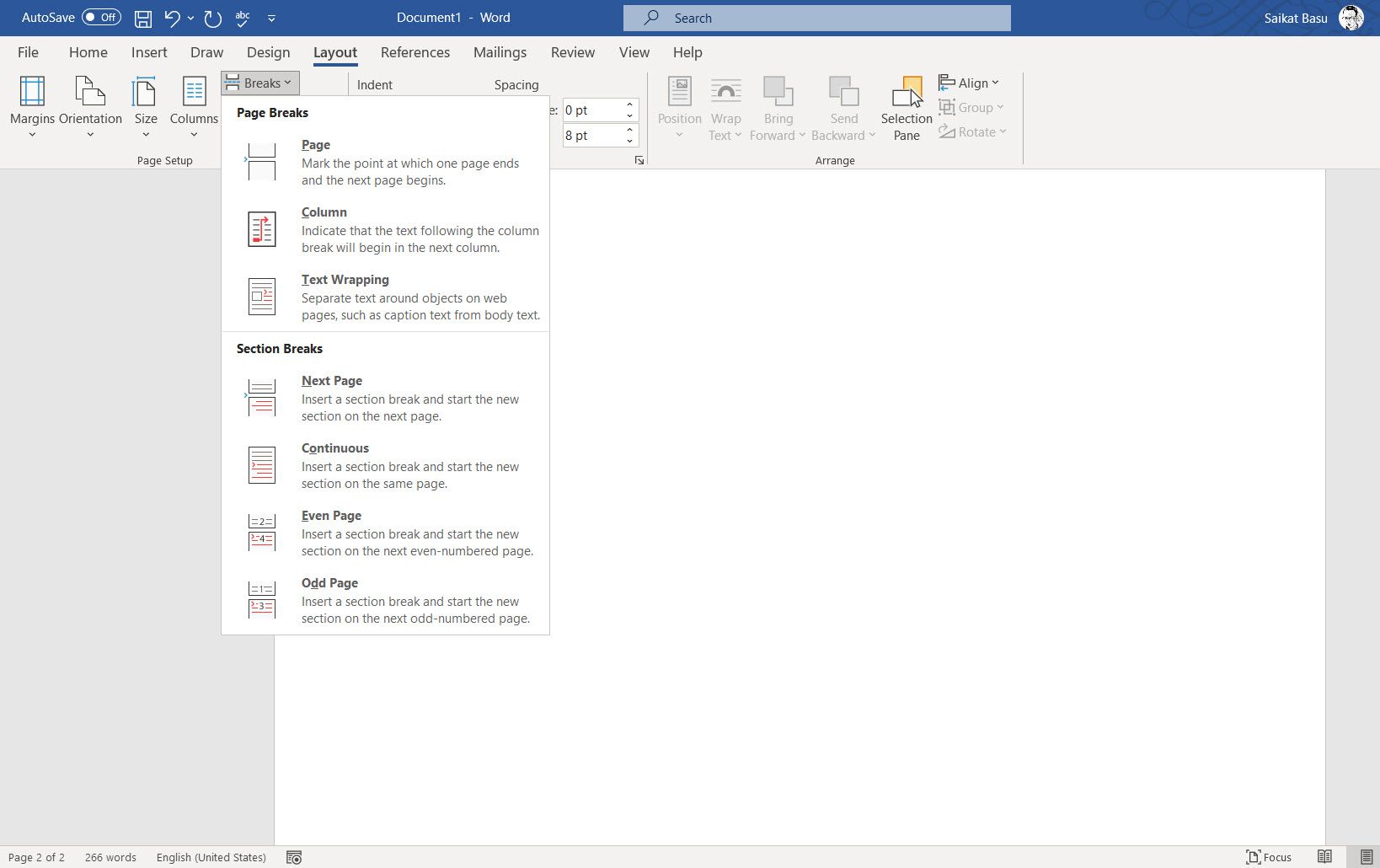 Menu Layout di Word dengan semua opsi Page Break