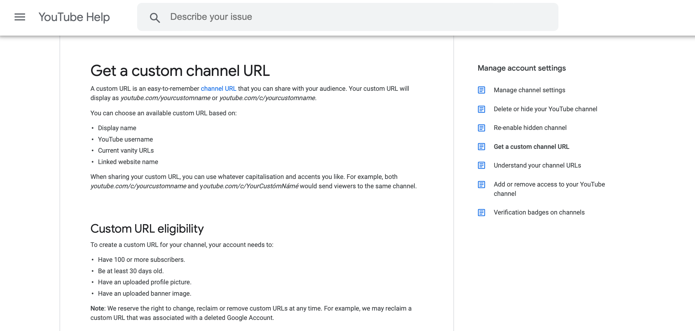 Screenshot from the YouTube support website of the custom URL criteria.