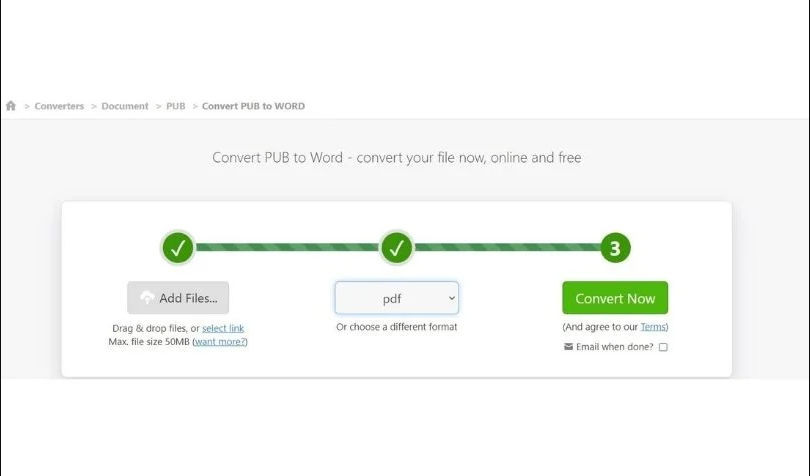 Uploading and convert files from pub to word window on Zamzar