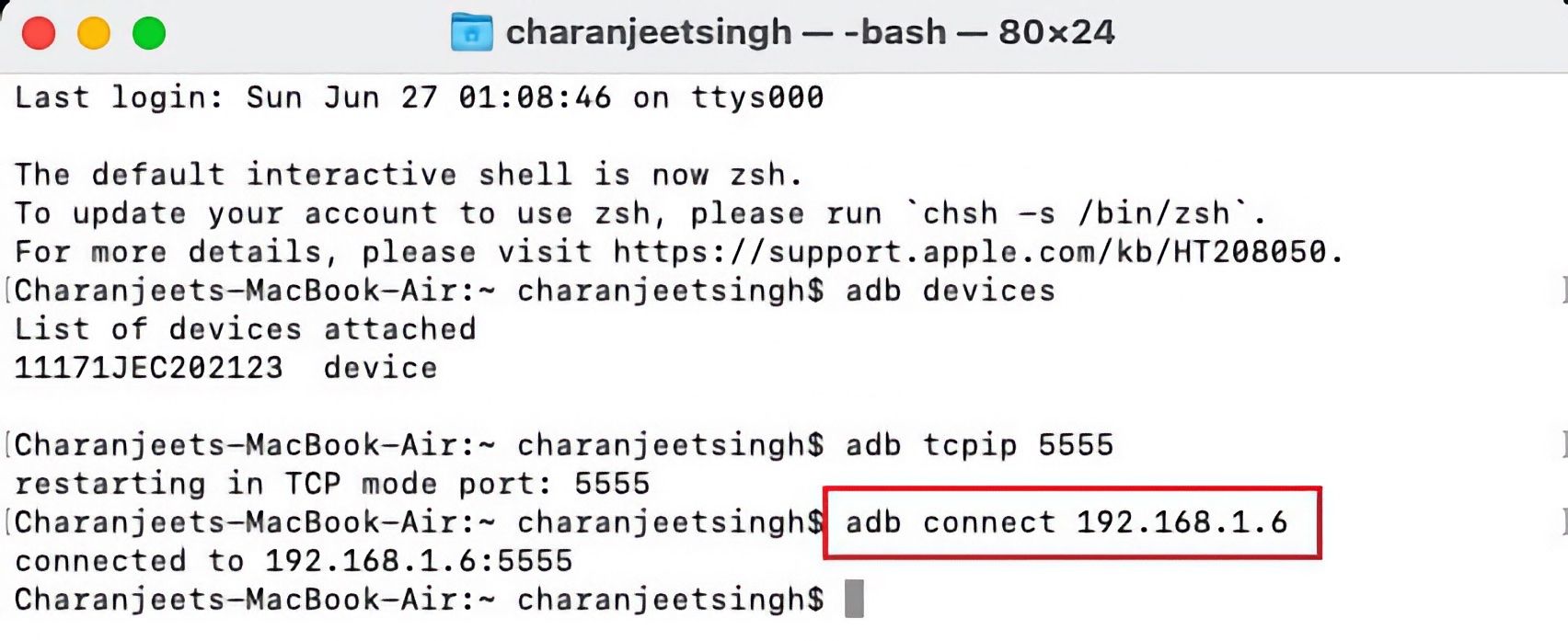 ADB connection uisng IP address