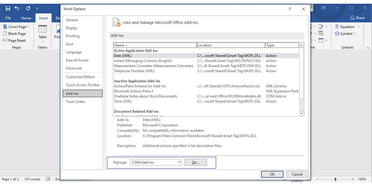 Add-ins settings in Microsoft Word