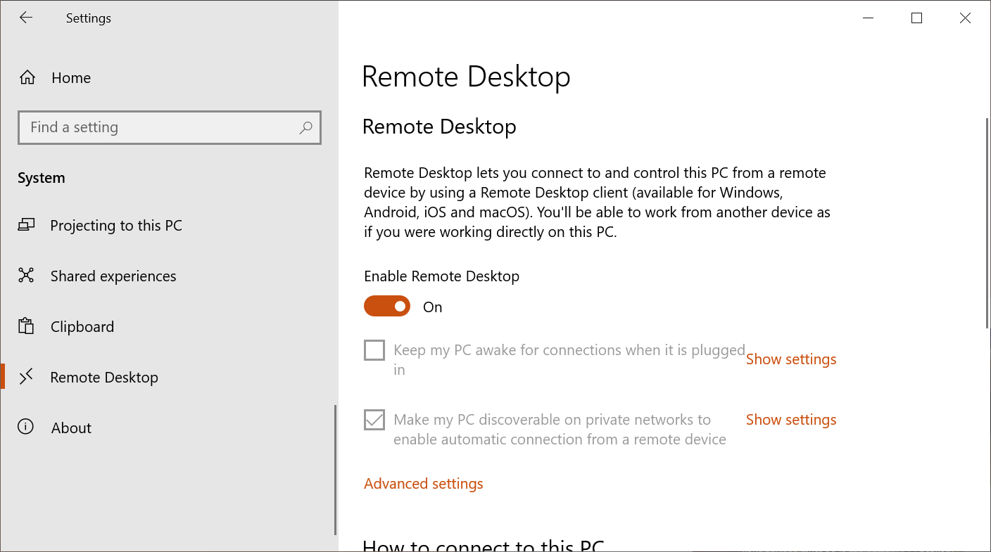 Advanced settings Remote Desktop