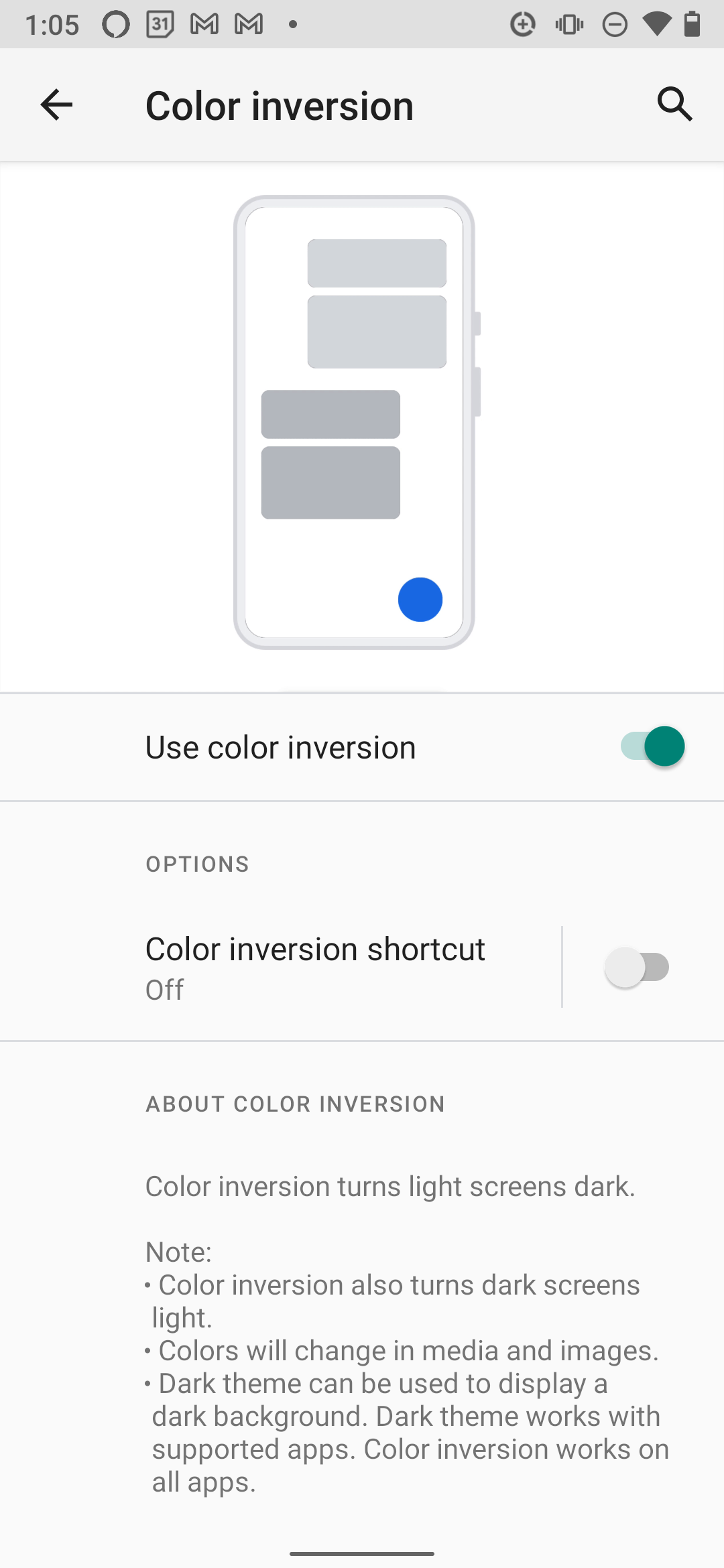 color inversion menu android 10 turn on