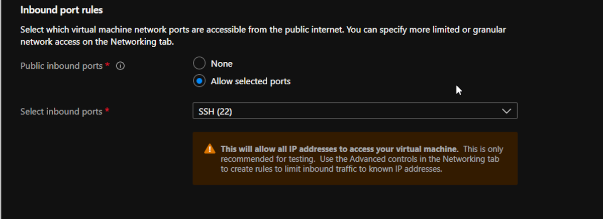 azure in-bound port rules default configuration screen
