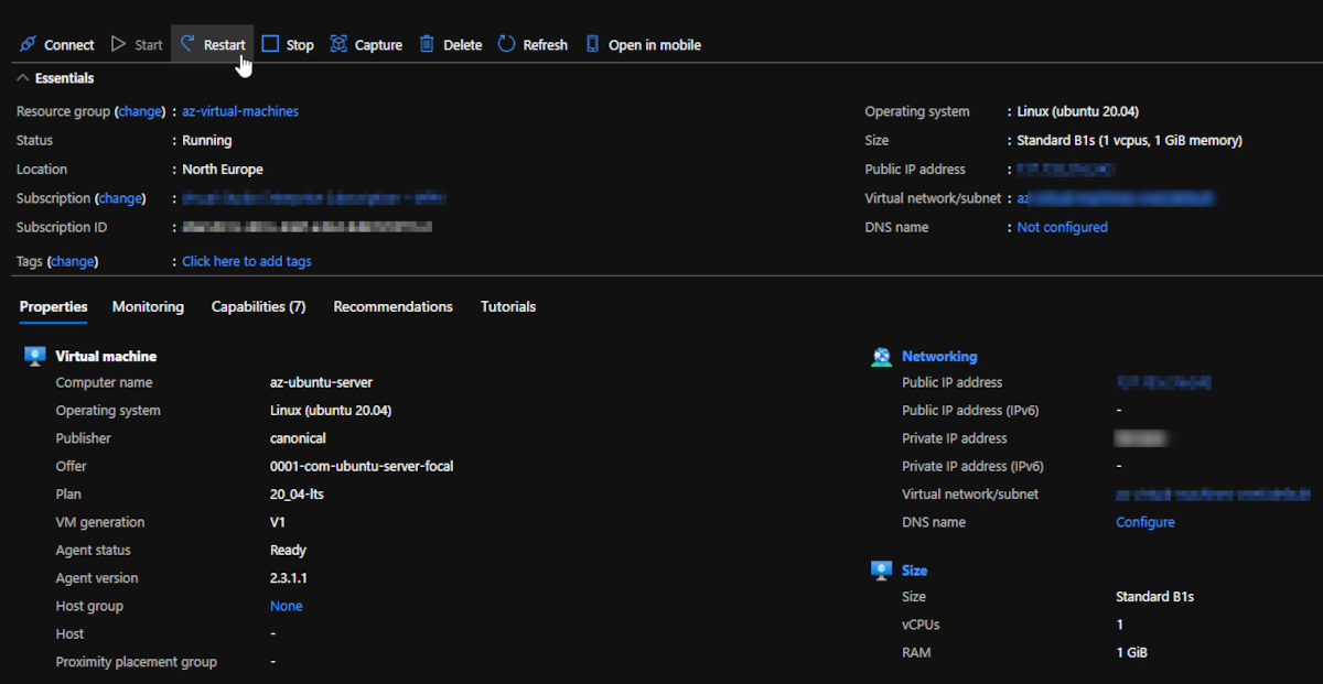 azure overview of created vm