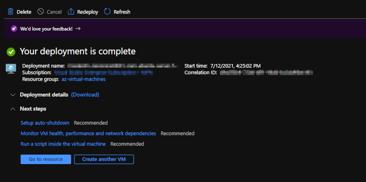 screen showing that a vm in azure was successfully deployed