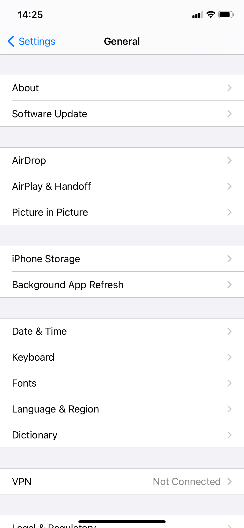 General settings in iOS