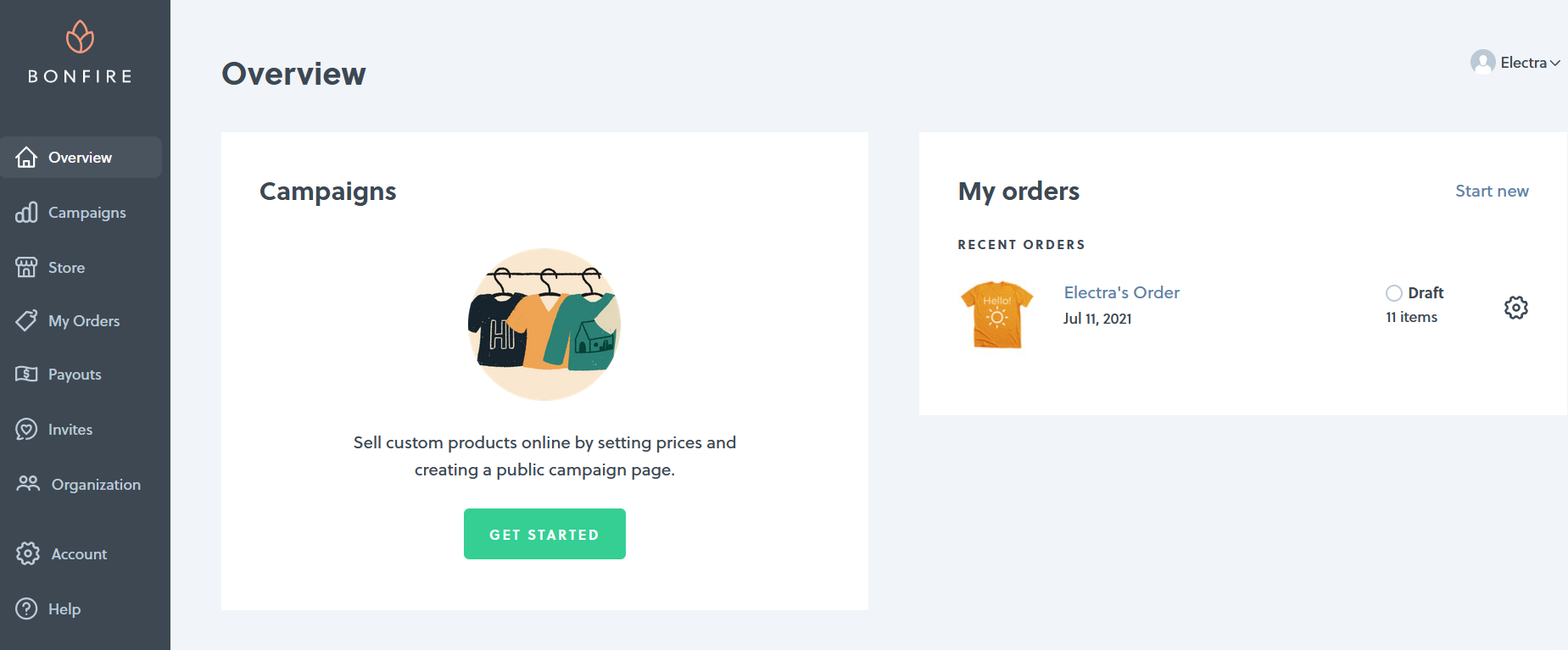 Bonfire T-shirt Design Dashboard and Features