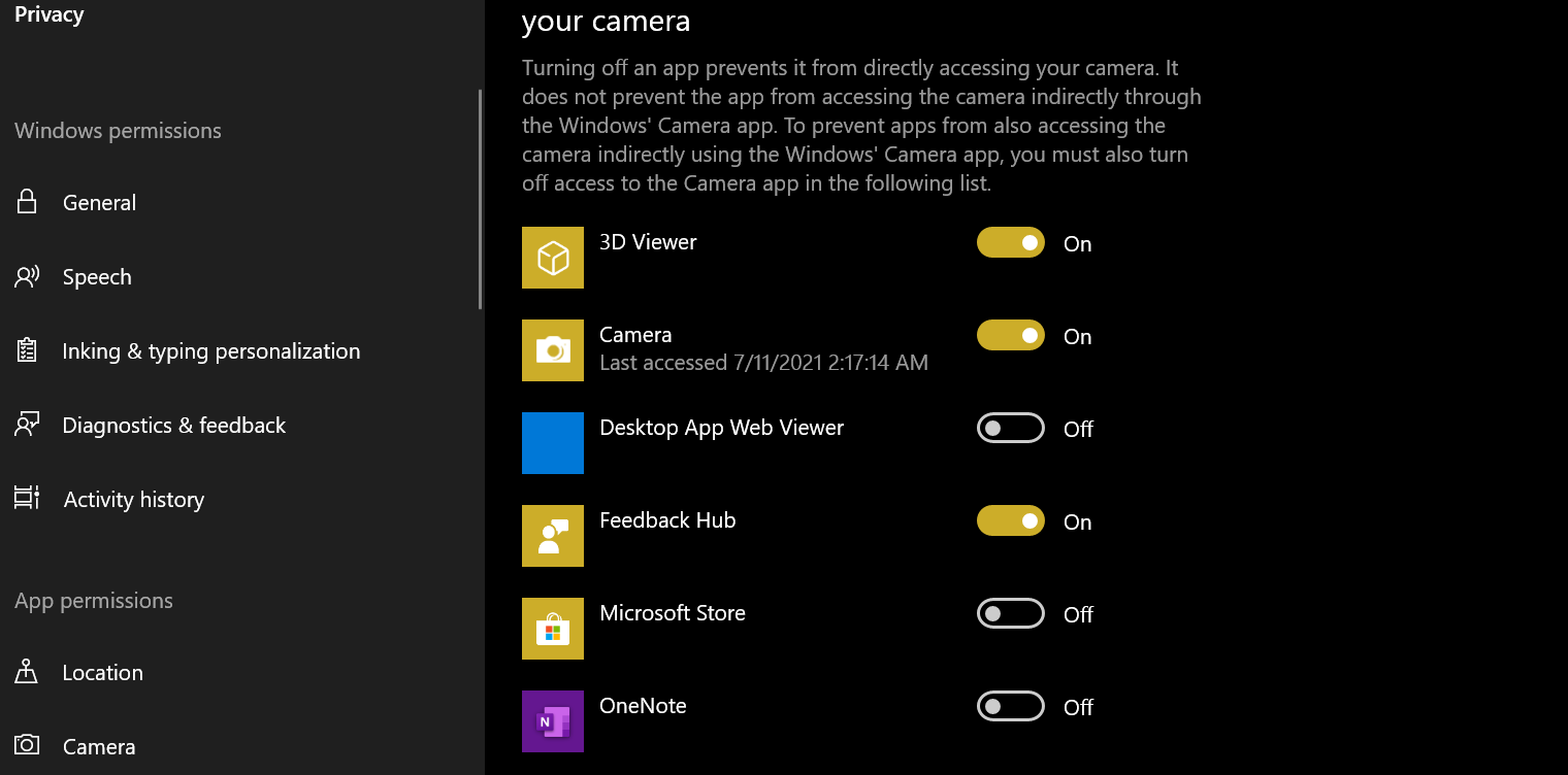 Camera permissions in Windows 10