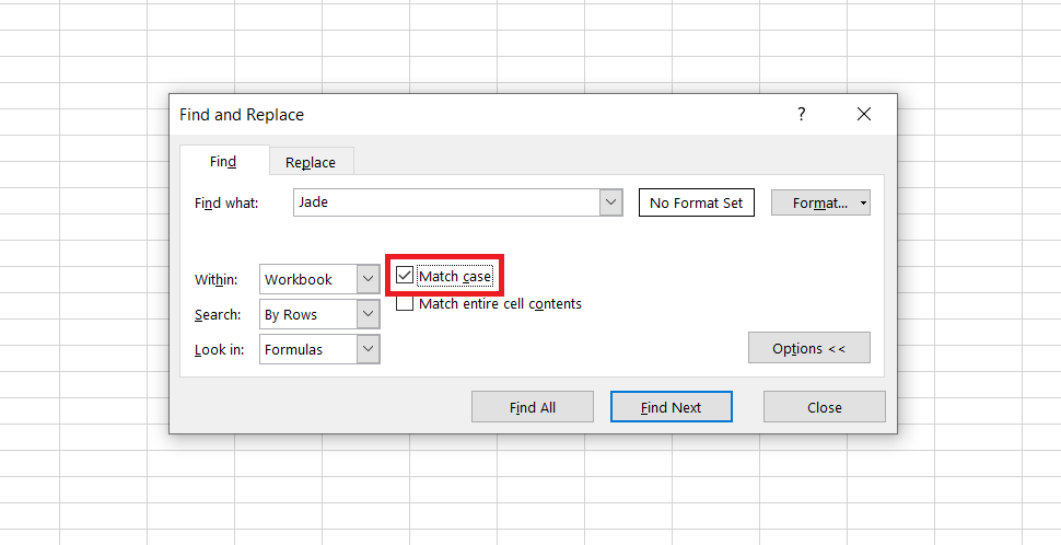 So verwenden Sie die Suchfunktion zum Suchen und Ersetzen in Excel - case sensitive search in