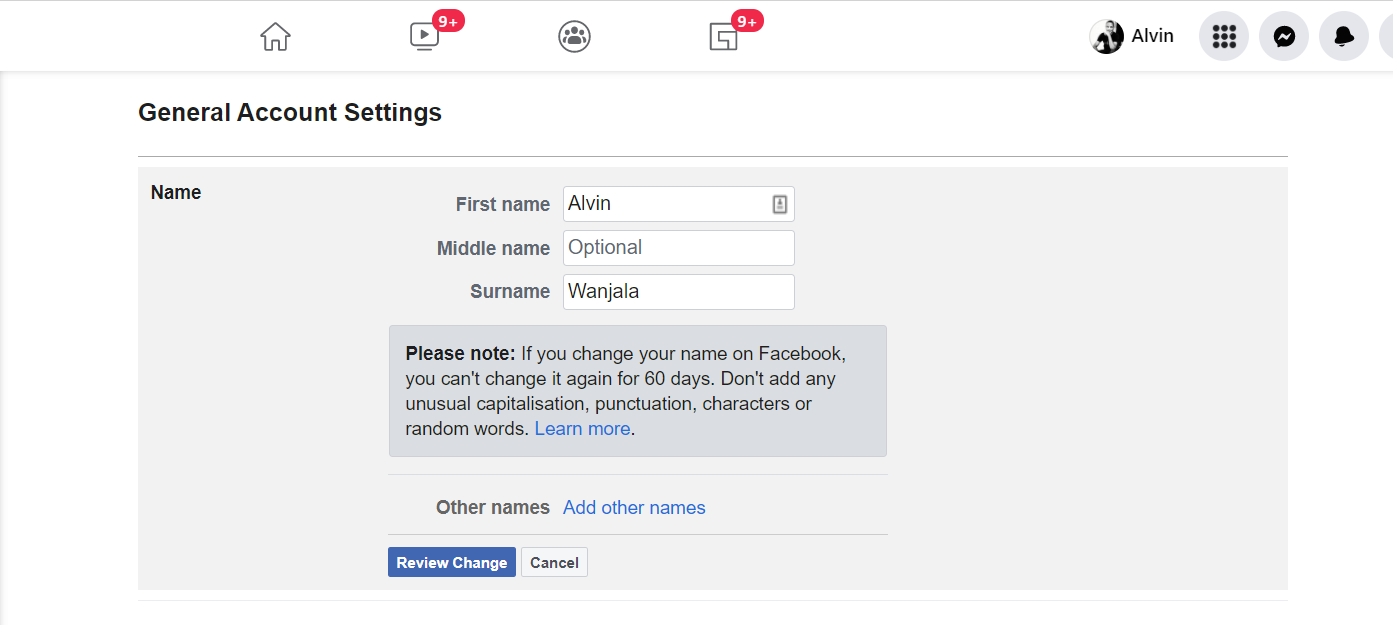 Changing your Facebook name on web