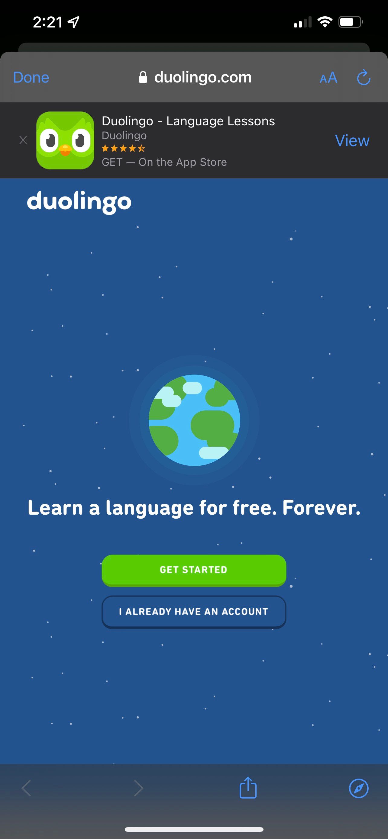 صفحه ورود به وب سایت Duolingo