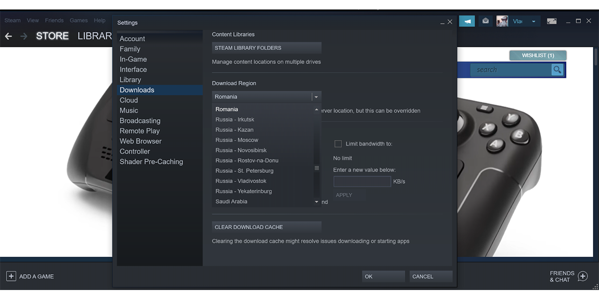 Change download region in Steam