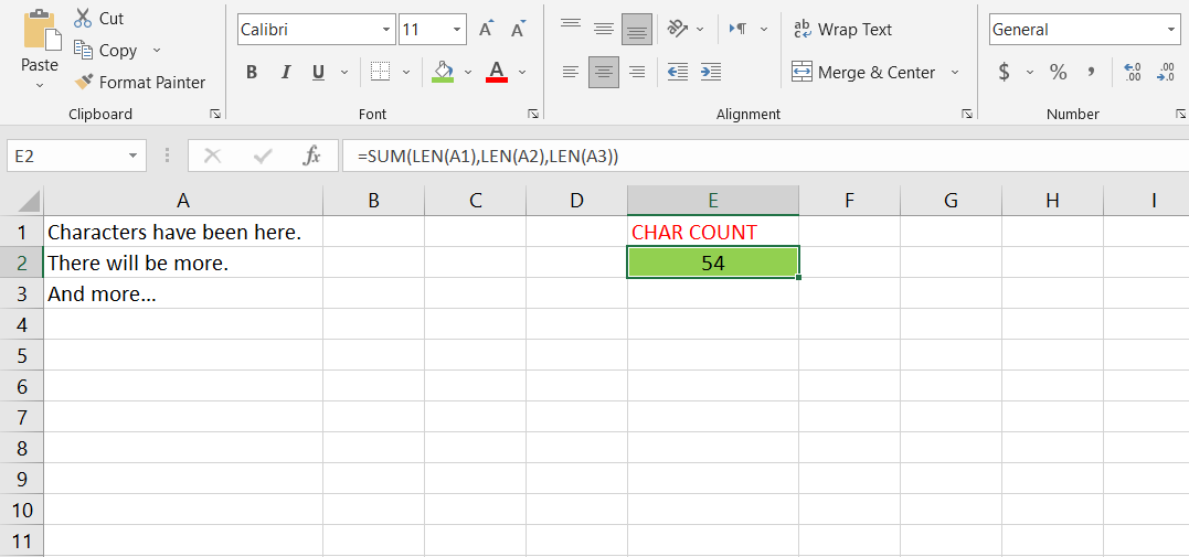 Couple with the SUM function, the LEN function counts the characters in a range of cells