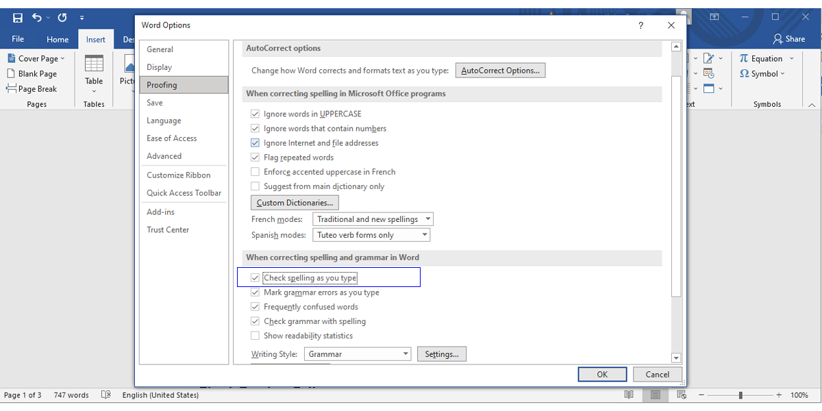 Microsoft Word settings