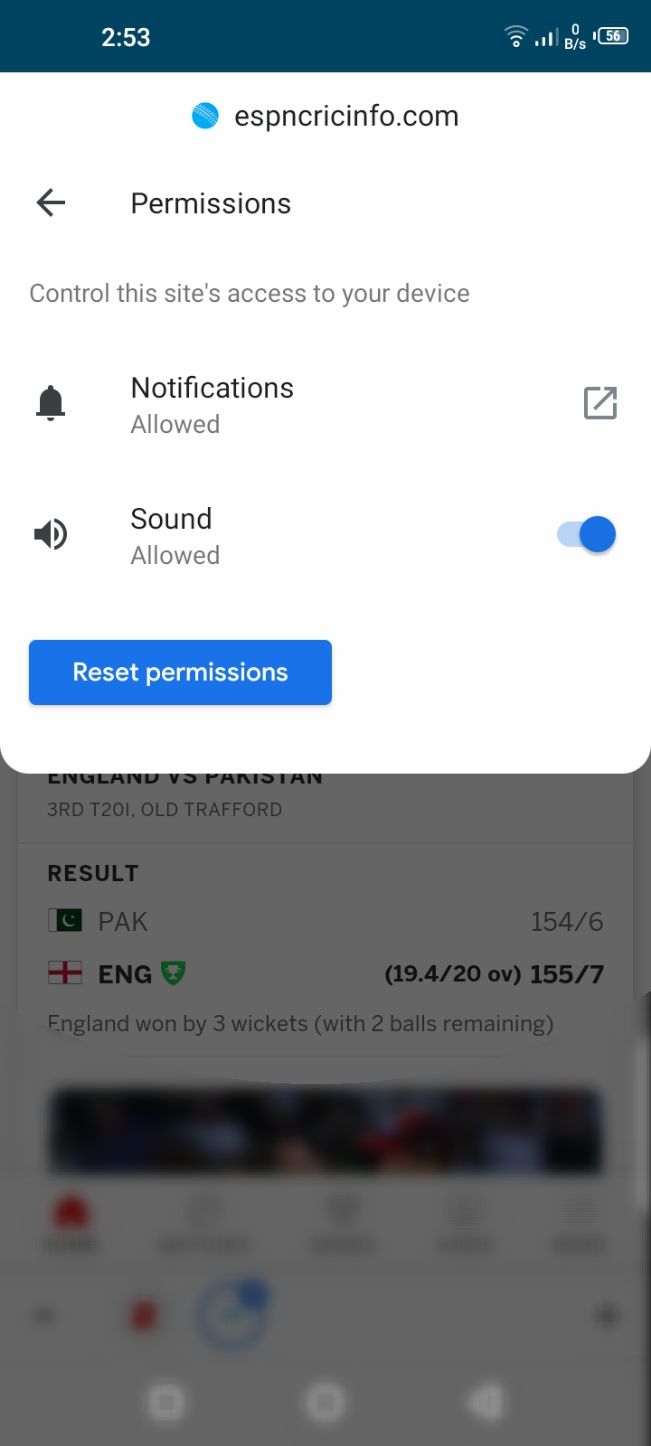 chrome android showing permissions panel