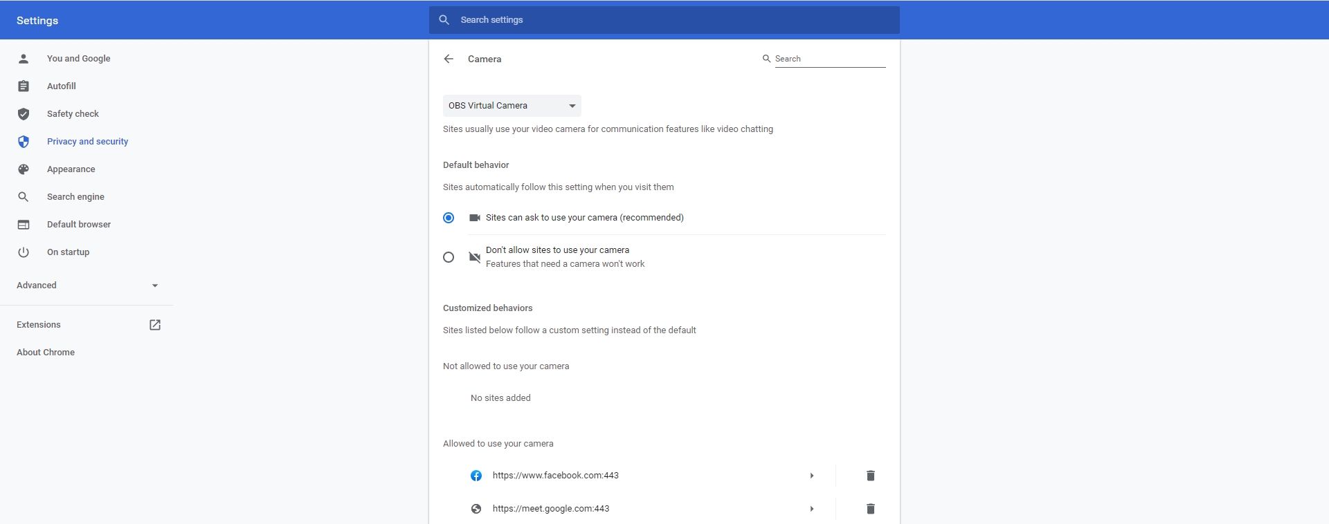 Chrome Site Settings