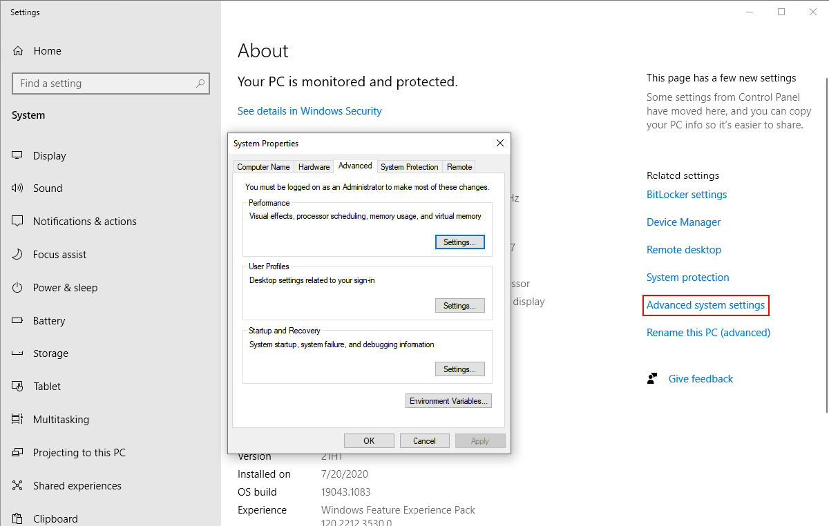 click environment variable in advanced system settings