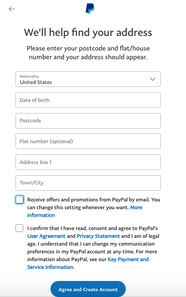screenshot of PayPal set up