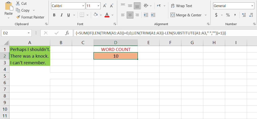 An example of the formula counting the words in a range of cells in Excel.
