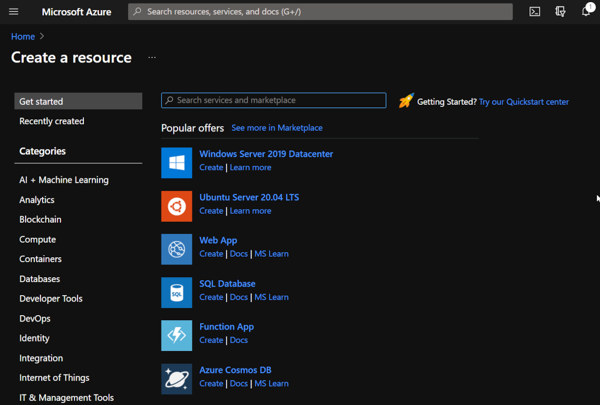 create resource page in azure