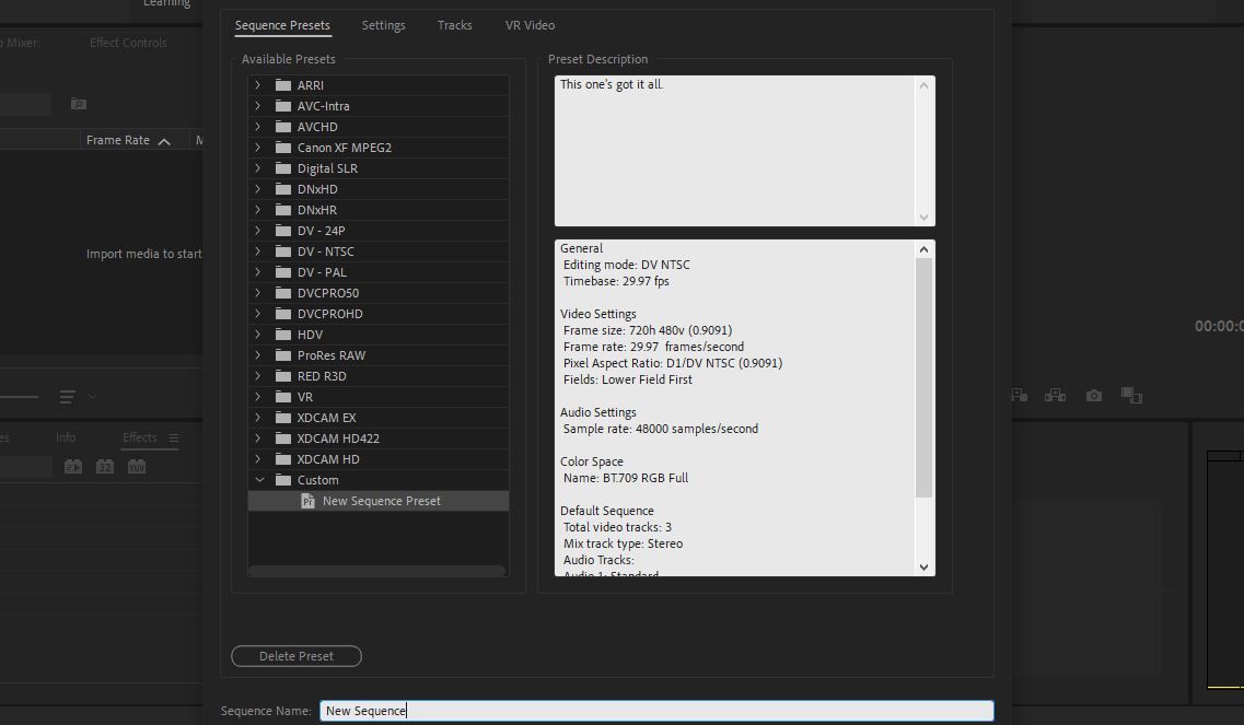 Eine Einführung in die Sequenzeinstellungen in Adobe Premiere Pro - creating a custom sequence preset