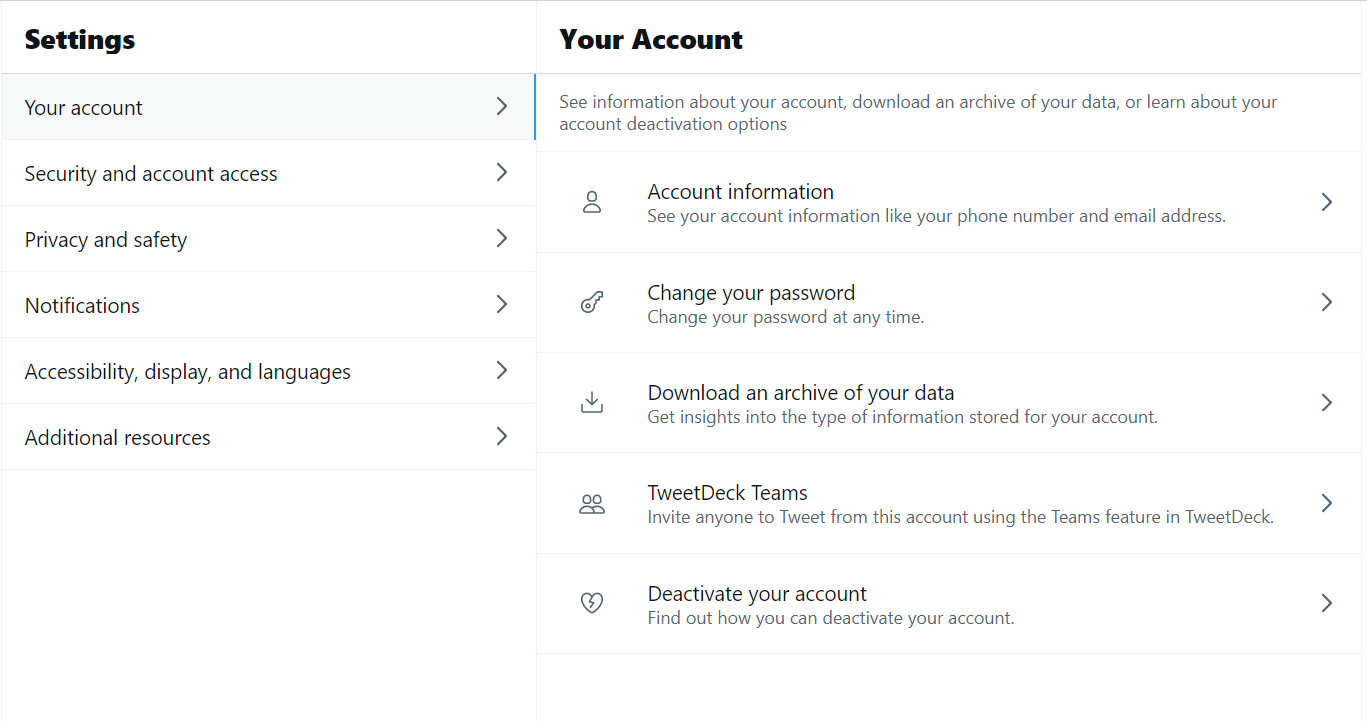 Twitter web account settings page