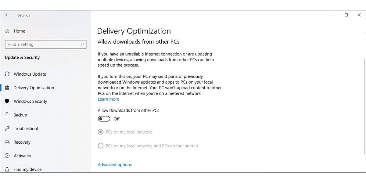 Delivery settings in Windows 10