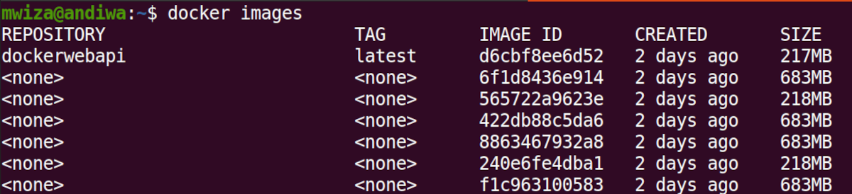 So erstellen Sie ein Docker-Image einer .NET-Web-API - docker images listing