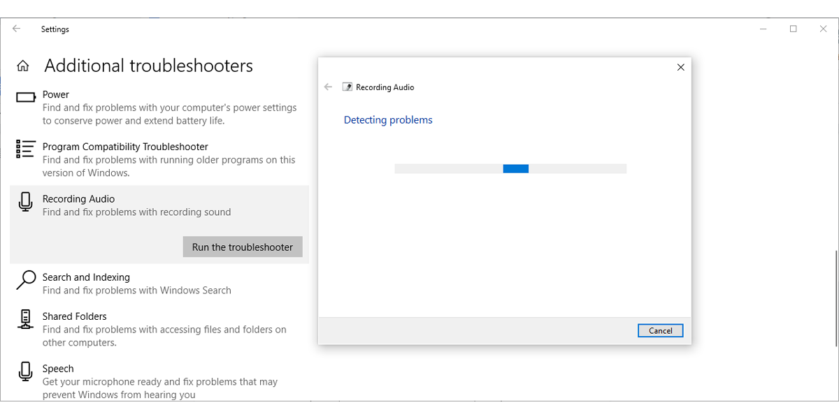 Recording audio troubleshooter in Windows 10